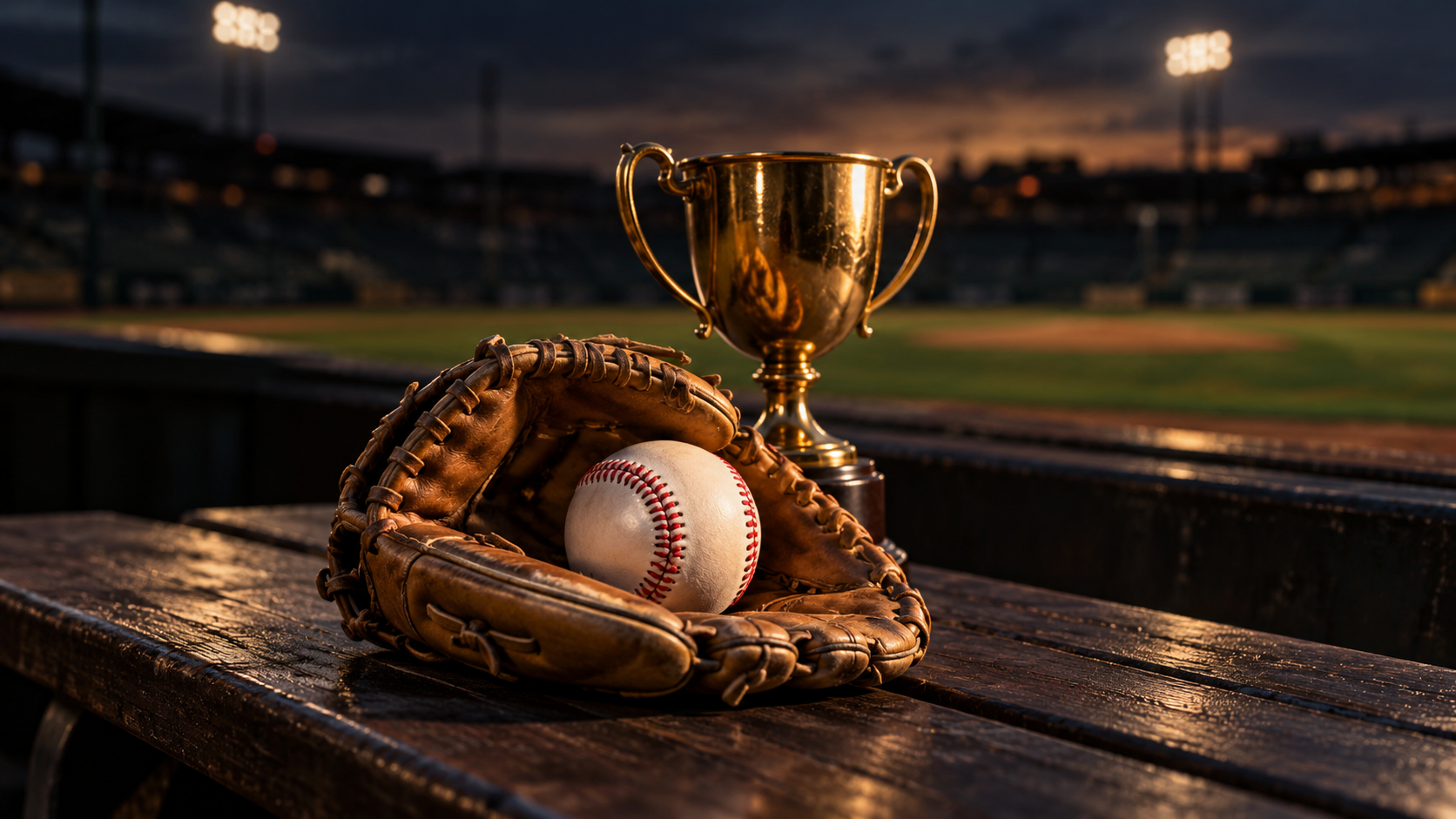 Illustrative still life of a baseball in a leather glove with a plain gold trophy on a bench beside a softly lit baseball field.
