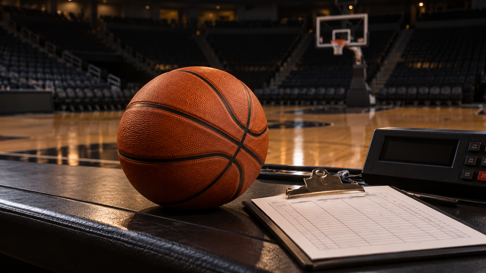 An orange basketball beside a scorekeeping clipboard and an unlit game clock on a scorer table in an empty indoor basketball arena.