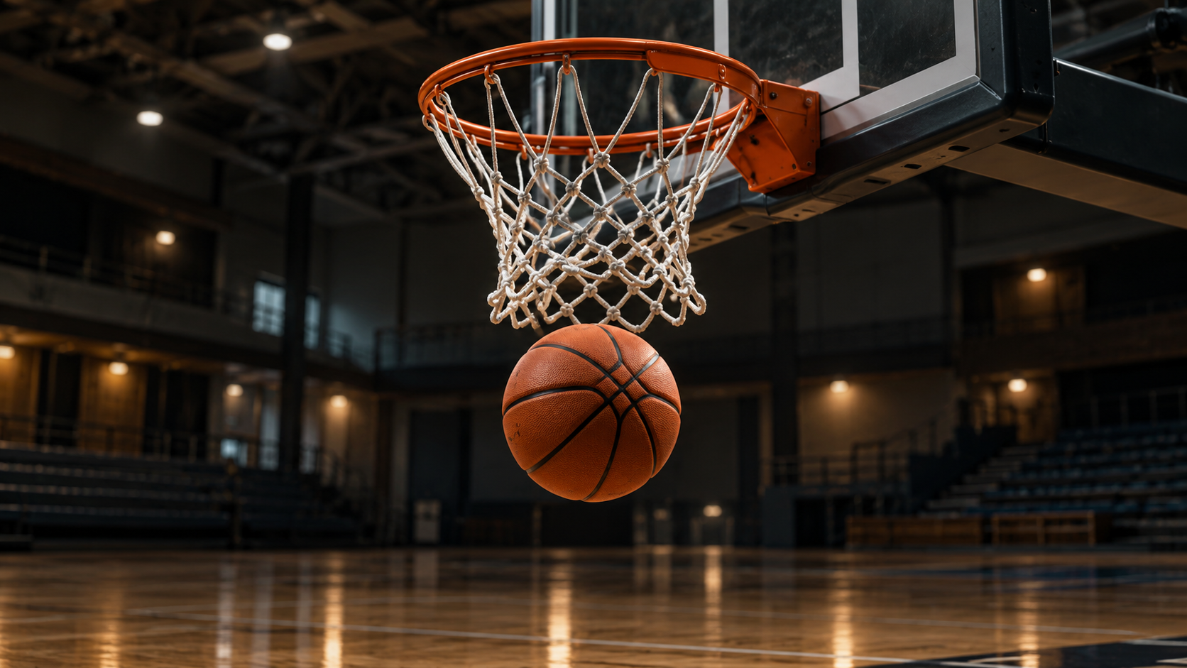 An orange basketball below a rim and white net in an empty indoor basketball court.