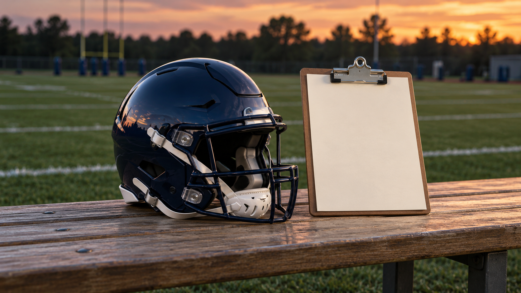 An unbranded navy football helmet and blank clipboard on a wooden bench beside an empty practice field at dusk.