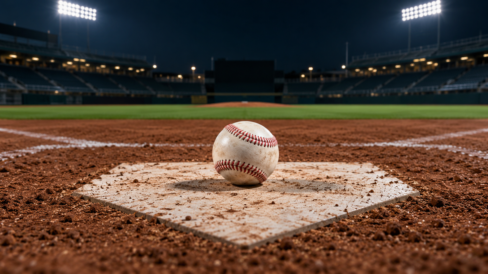 A baseball rests on home plate in an empty ballpark, with illuminated stands softly blurred in the background.